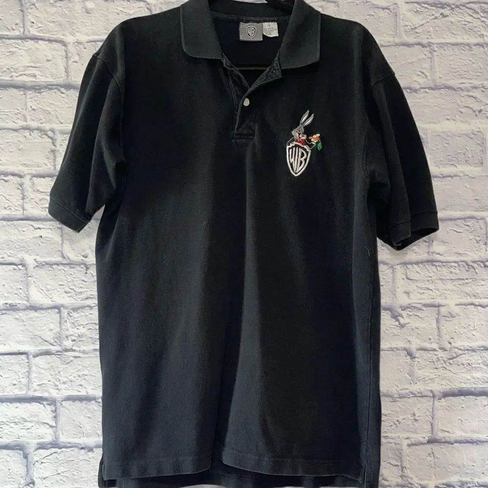 💜 Vintage Warner Bros Mens Short Sleeve Embroidered Bugs Bunny Black Polo Shirt